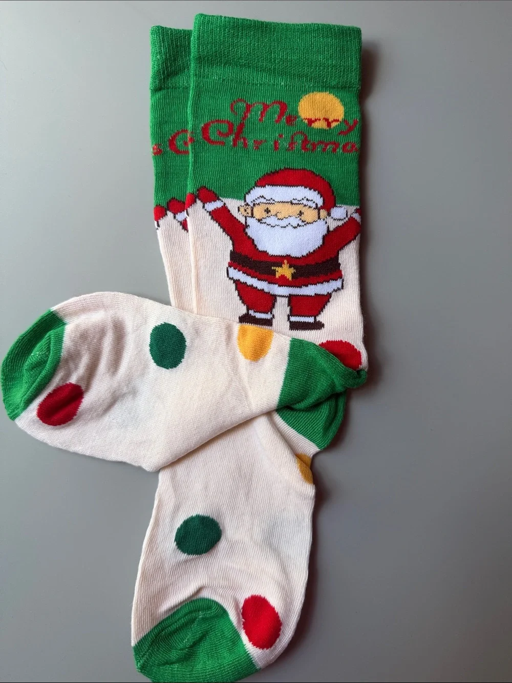 Merry Christmas Santa Crew Socks - Green & Cream Dots Festive Socks-NWOT